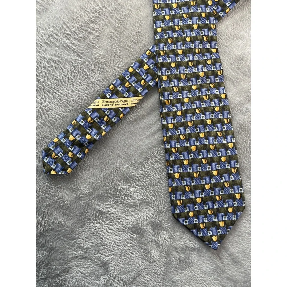 Ermenegildo Zegna Necktie Geometric Blue Yellow Pattern‎ Men's Designer Tie